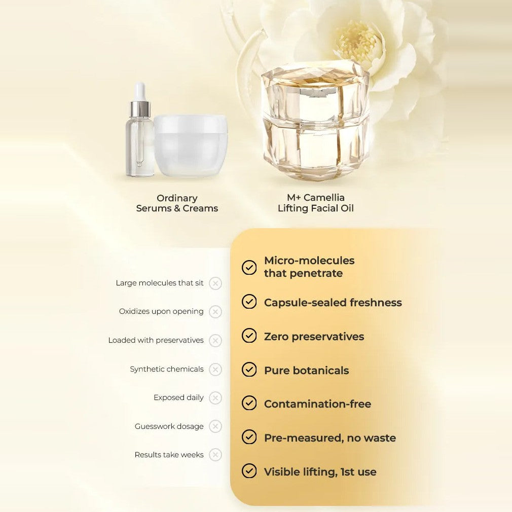 M+ Camellia Lifting Facial Oil compared with ordinary serums and creams